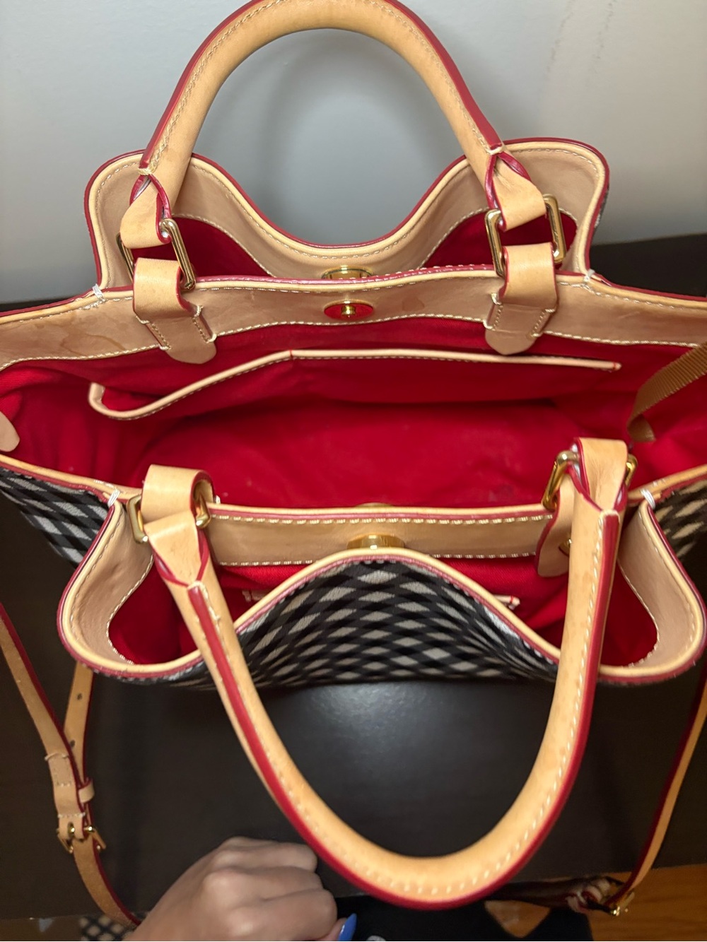 Dooney & Bourke Black and White Gingham Satchel with Tan Leather Trim - Picture 4 of 5